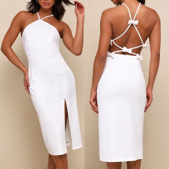 LULU'S M Glamorous Adornment Ivory Halter Strappy Bow Midi Dress NEW B66 - Picture 1 of 12